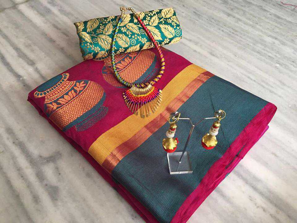 New Arrival Blue & Pink Cotton Silk Matka Designer Saree