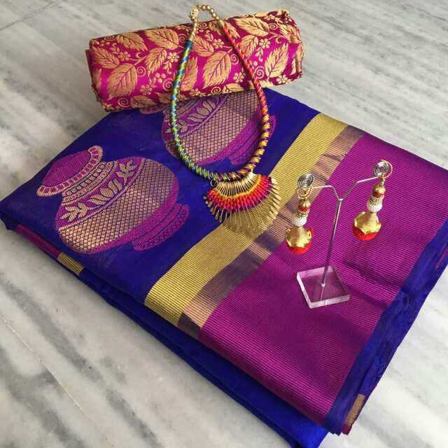 New Arrival Blue & Pink Cotton Silk Matka Designer Saree