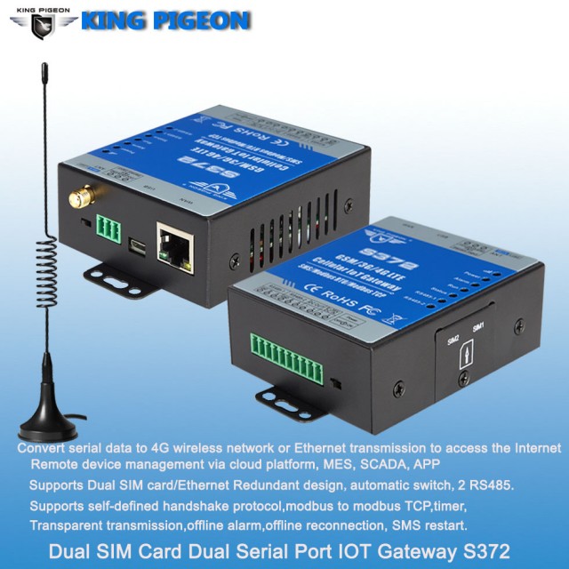 S372 Dual-Sim Cellular IoT Gateway (Cellular DTU, 2 RS485,2 Simcard,)