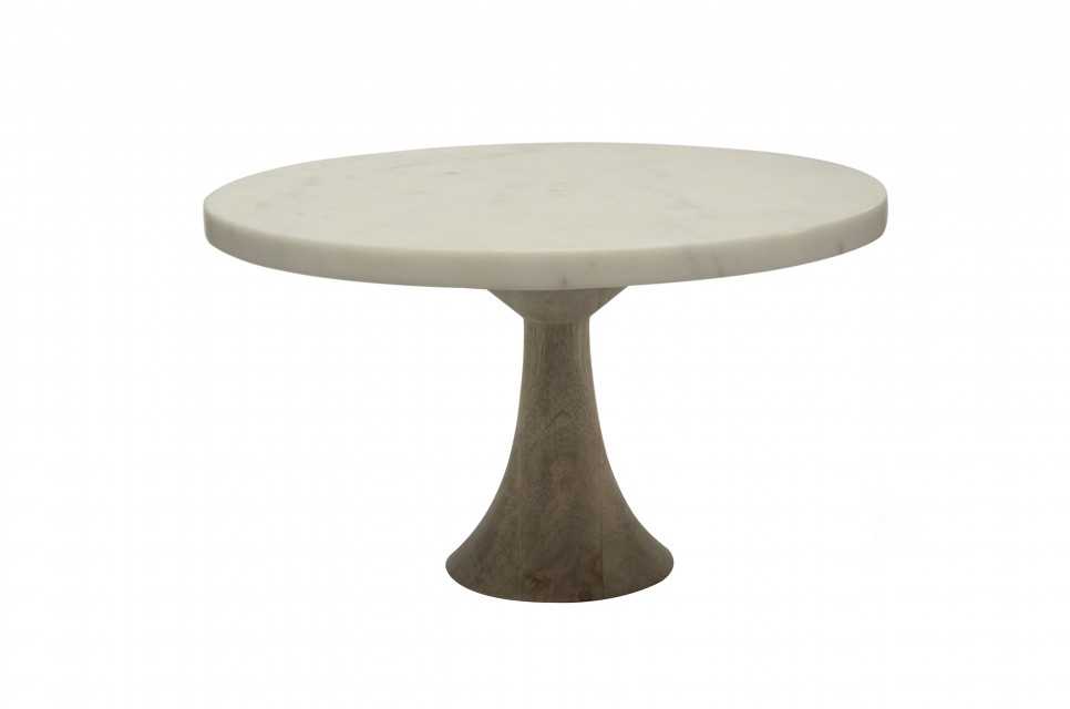 White Marble Cake Stand with Natural Wood Finish