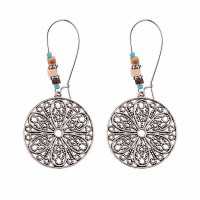 Old Silver Color Round Pendant Flower Pattern Alloy Hanging Earrings