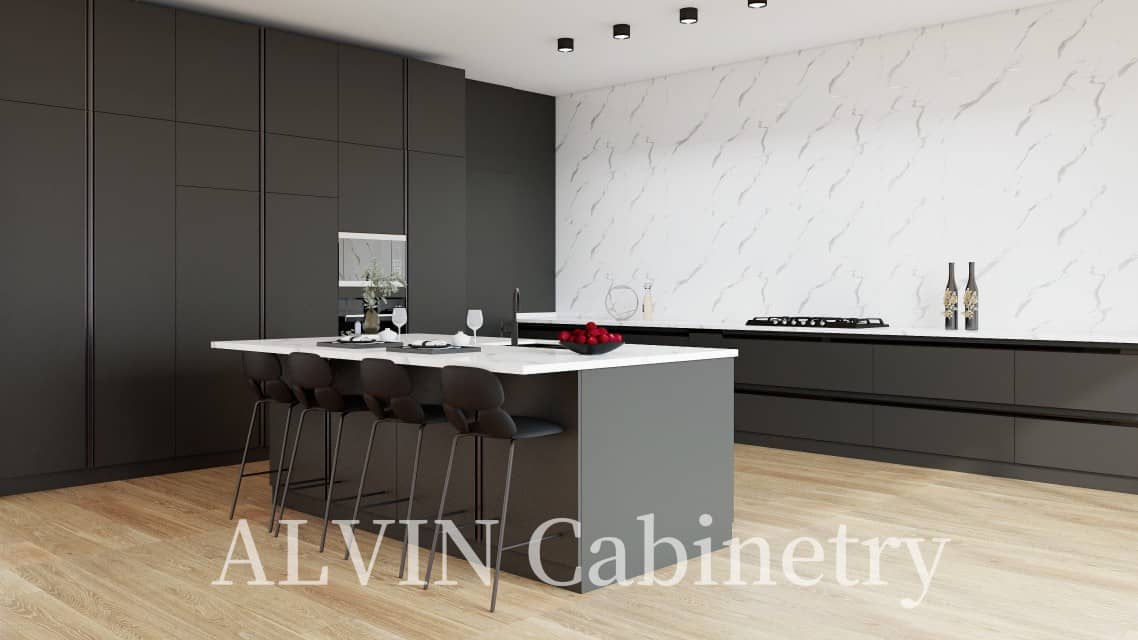 Modern Dark Grey Lacquer Kitchen Cabinet Finish on Plywood