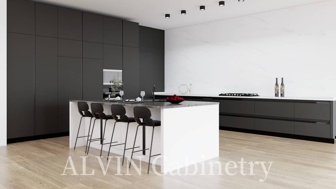 Modern Dark Grey Lacquer Kitchen Cabinet Finish on Plywood