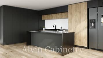 Modern Lacquer Kitchen Cabinet Set with Wood Grain Melamine Finish