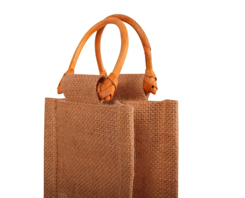 Natural Jute Bottle Bag with PVC Window and Bamboo Handles