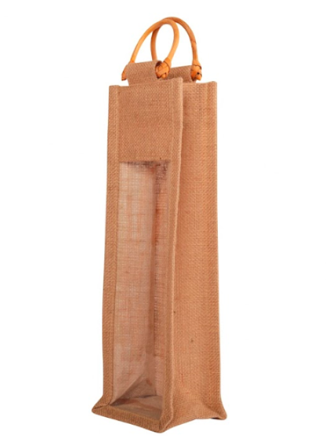 Natural Jute Bottle Bag with PVC Window and Bamboo Handles