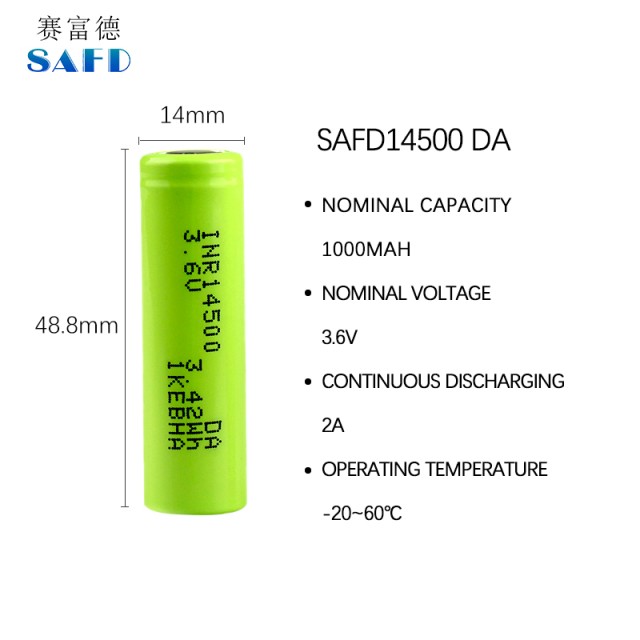 SAFD Li-ion INR 14500 3.6v 1000mAh Rechargeable Batteries Supplier
