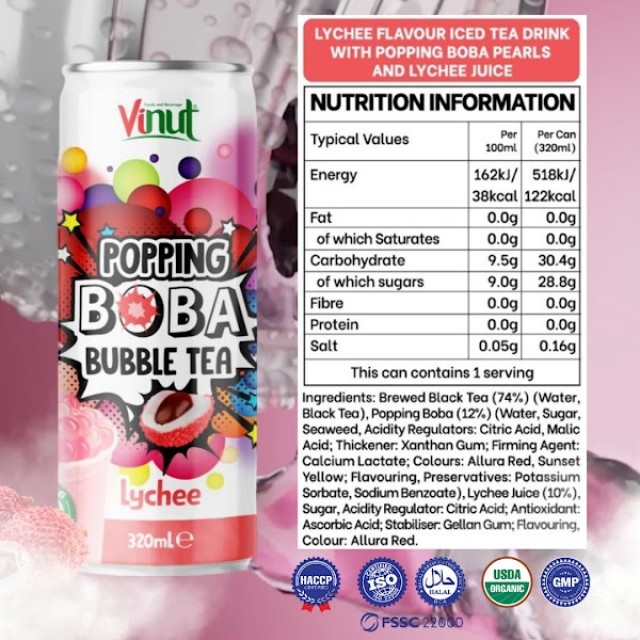 320ml Vinut Popping Boba Bubble Tea with Lychee Juice - Wholesale Price