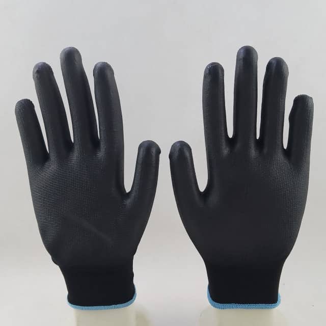 Black PU Palm Coated Safety Work Gloves Comfortable Durable Wholesale