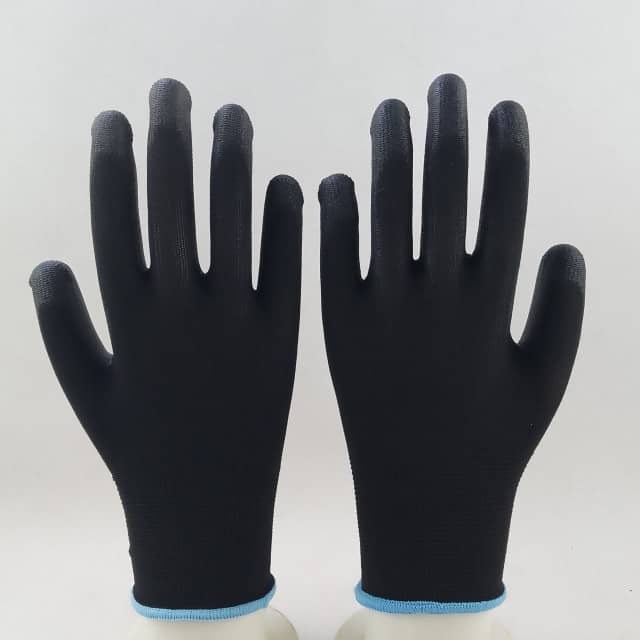 Black PU Palm Coated Safety Work Gloves Comfortable Durable Wholesale