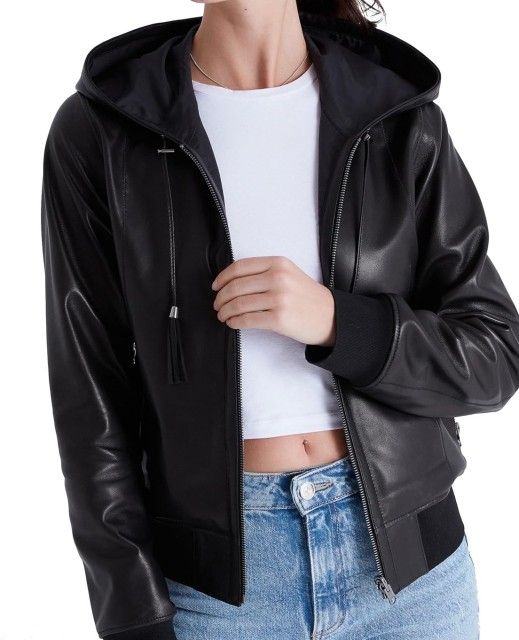 Women's Bomber Leather Jacket - Windproof and Water Repellent, Hooded