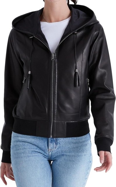 Women's Bomber Leather Jacket - Windproof and Water Repellent, Hooded