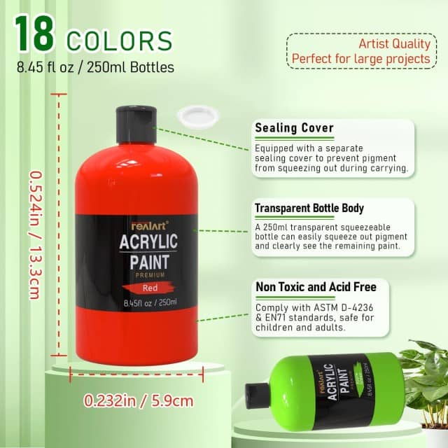 Real Art Acrylic Paint Set 18 Colors - Non-Toxic, Metallic Finish, from Wholesale Supplier