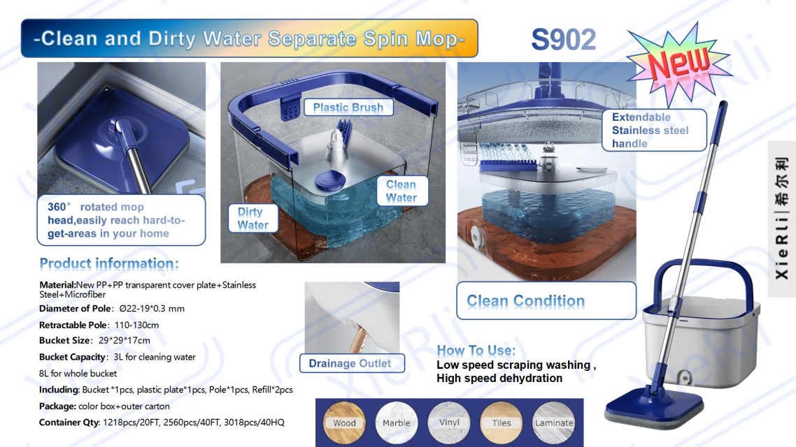 Clean and Dirty Water Separate Spin Mop - WBLIVE S902 Model, White & Blue