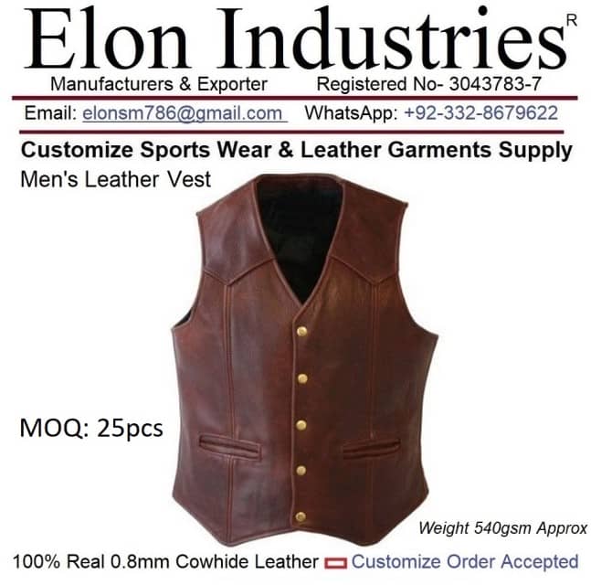 Custom Men's Leather Vest EMI528 Brown - Cow-Hide Leather, 540gsm