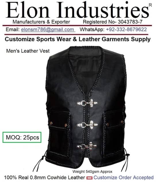 Custom Men's Leather Vest EMI528 Brown - Cow-Hide Leather, 540gsm