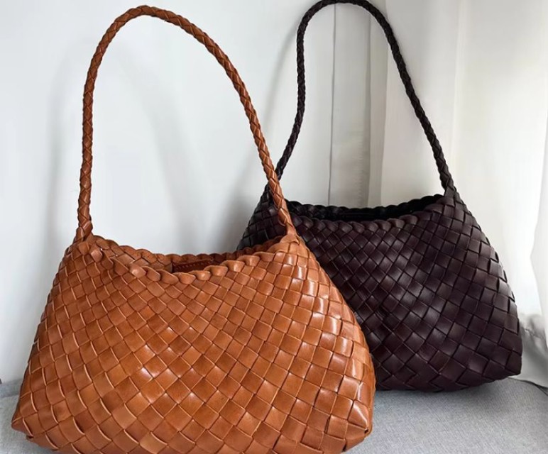 Women's Handmade Woven Leather Tote - Genuine Leather, Large Capacity