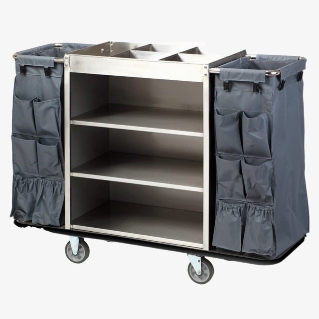 Steel-Gray Stainless Steel Housekeeping Trolley for Hotels – Durable & High Quality