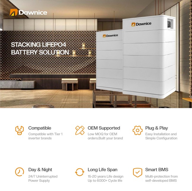 Dawnice 20kWh Low Voltage Stacked Solar Lithium Battery for Residential & Commercial Use