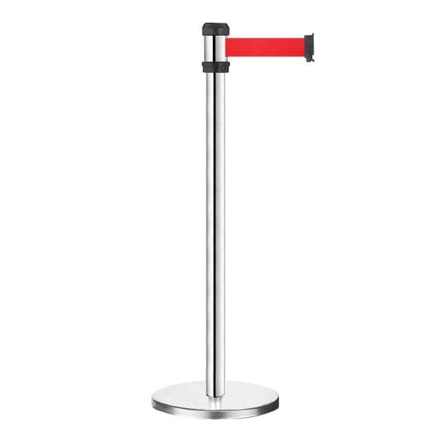 Stanchion with Retractable Belt for Crowd Control – Silver Pole with Red Belt