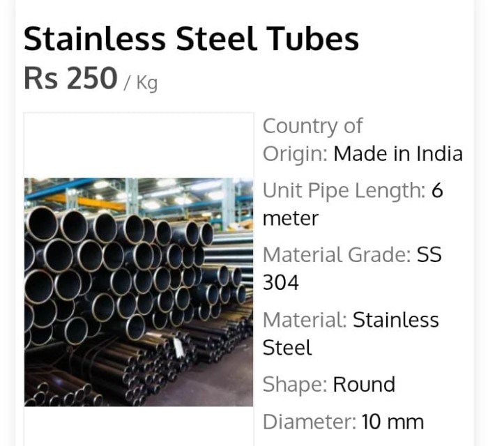 Stainless Steel Tubes - SS 304 Polished, Wholesale Supplier for Construction