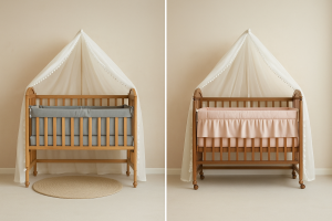 Wooden Baby Cradle Adjustable Height with Velvet Bedding and Net Cover