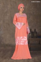 Elegant Peach Embroidered Kaftan with Lace Panel and Bell Sleeves