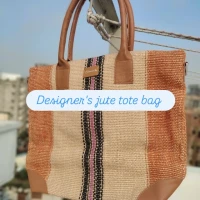 Designer Hand Loom Jute Tote Bag with Leather Grip Handle