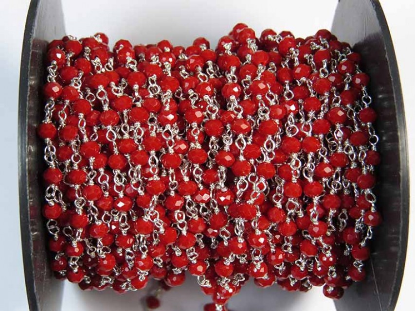 Coral Red Crystal 3 MM Wire Wrapped Rosary Style Chain From India