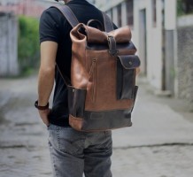 Roll Top Leather Backpack for men with laptop compertment