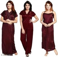 Fancy Satin 4 Pices Womens Nighty - Premium Quality Nightwear Collection